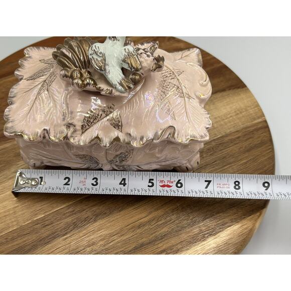 Vintage Ceramic Trinket Box Bird Lid Powder Pink Iridescent Glaze Lead Motif - Picture 12 of 13